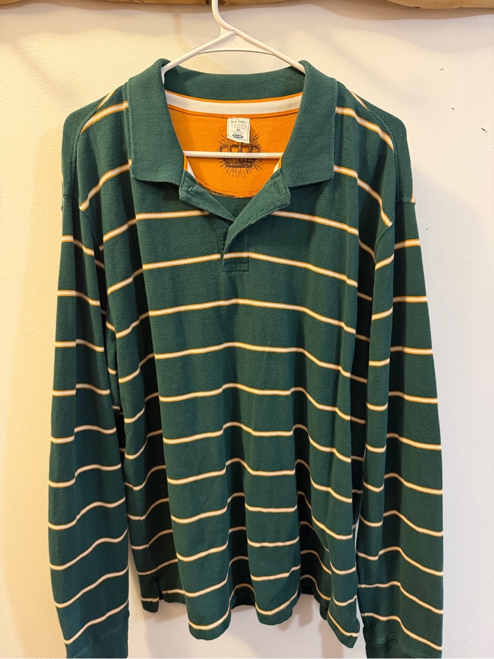Old Navy Green Long-Sleeve Polo with Cream Stripes